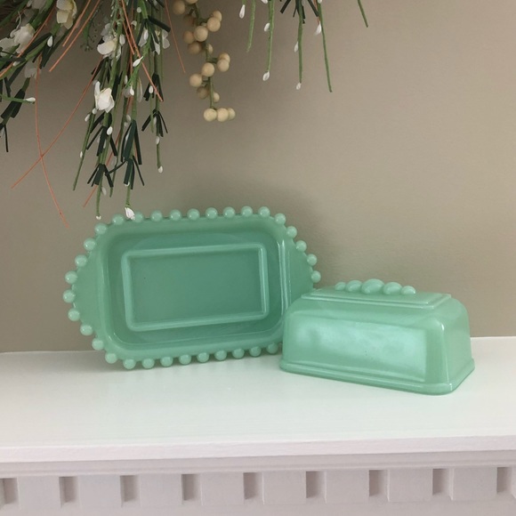 Relisted! Vintage Light Green Jade Butter Dish 7” Candlewick - Picture 6 of 13